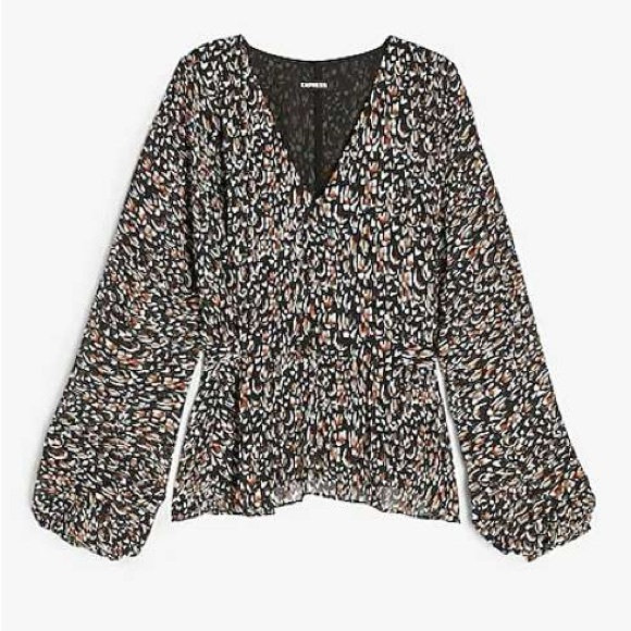 EXPRESS Metallic Printed Tie Back Balloon Sleeve Top L Large Black Gold - Picture 2 of 11